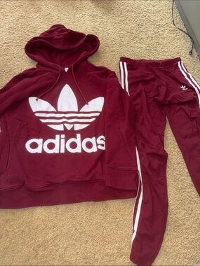 adidas woman’s  Maroon Hoodie & Joggers Set with White Logos